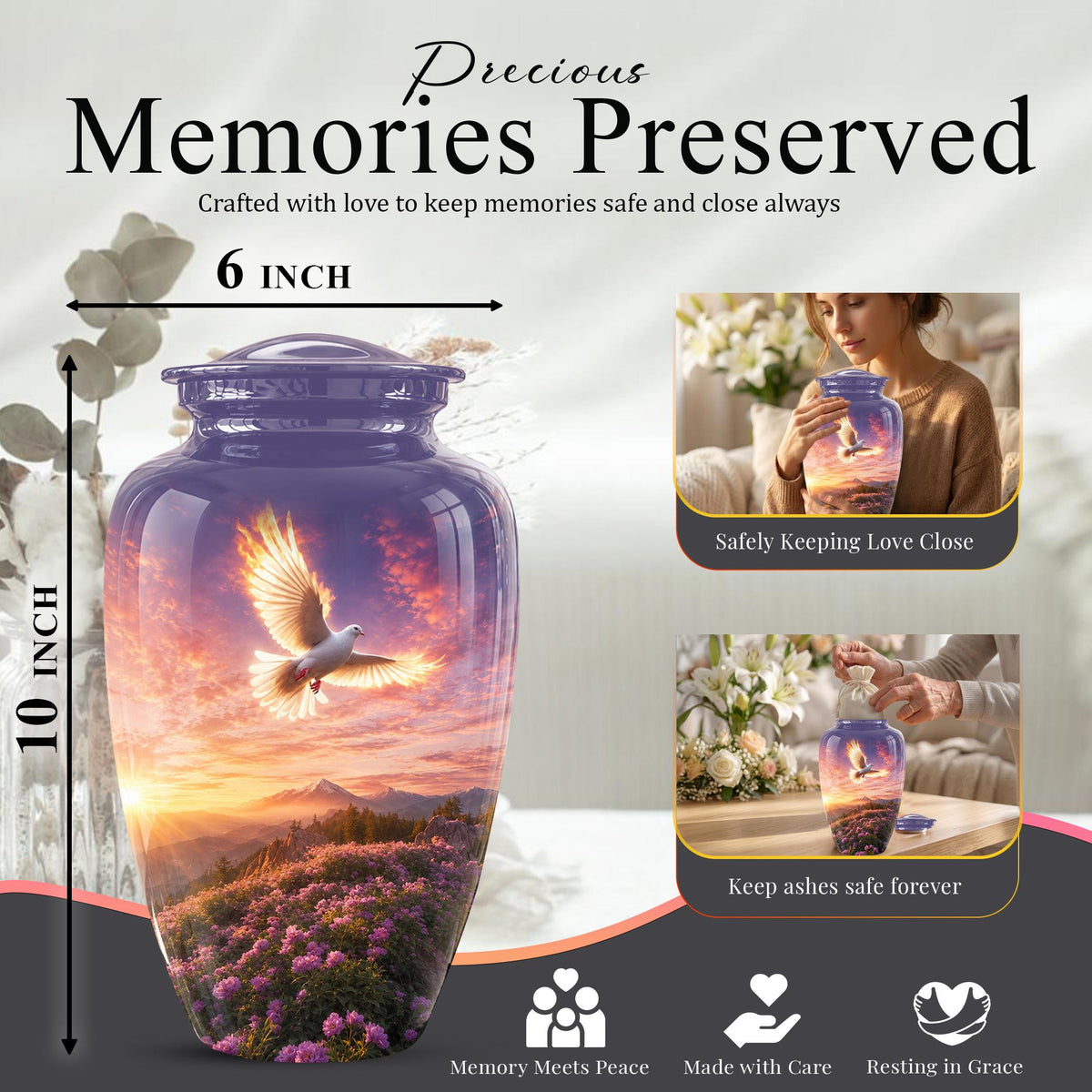 Personalized White Dove Cremation Urn for Ashes - Sunset Dove Memorial Urn, Pink Floral Heavenly