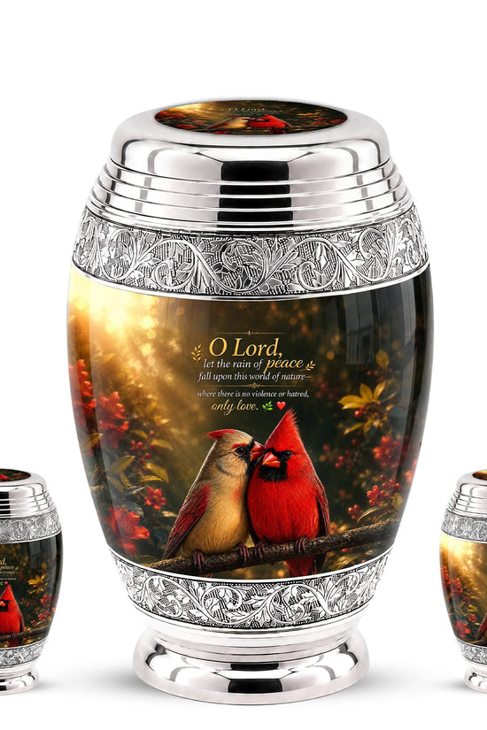 Personalized Cardinal Cremation Urn, Silver-Tone Memorial Ashes Urn, Floral Nature Scene