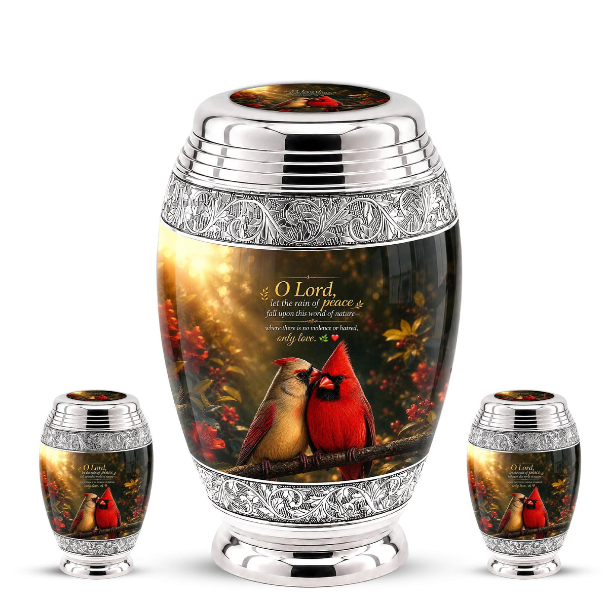 Personalized Cardinal Cremation Urn, Silver-Tone Memorial Ashes Urn, Floral Nature Scene