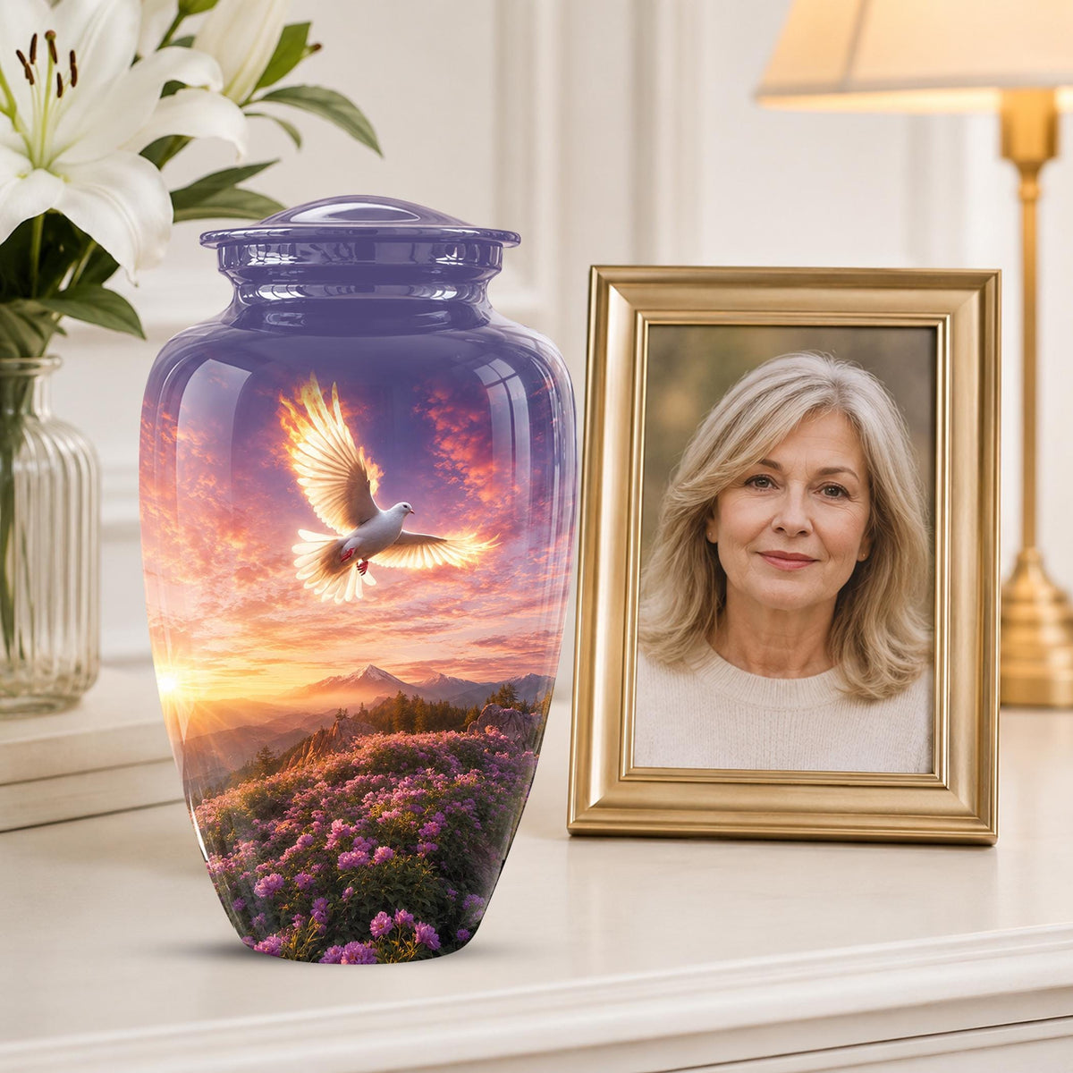 Personalized White Dove Cremation Urn for Ashes - Sunset Dove Memorial Urn, Pink Floral Heavenly