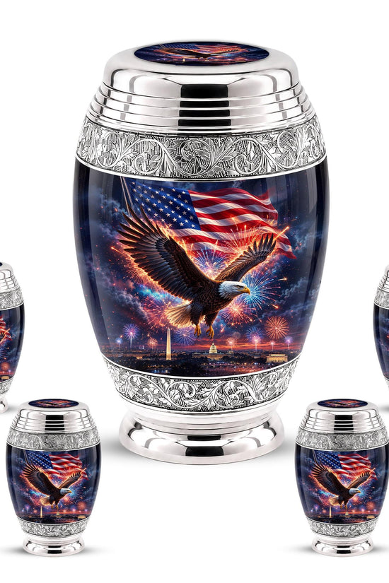American Flag Eagle Cremation Urn for Ashes - Silver Patriotic Memorial Urn