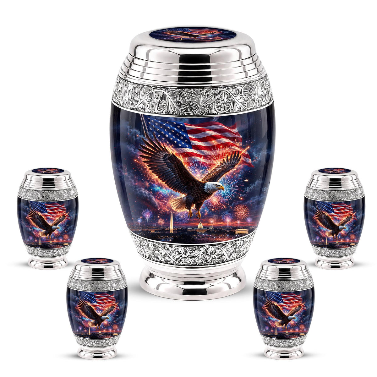 American Flag Eagle Cremation Urn for Ashes - Silver Patriotic Memorial Urn