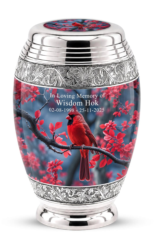 Personalized Red Cardinal Cremation Urn, Silver-Tone Memorial Ashes Container (Custom Engraving)