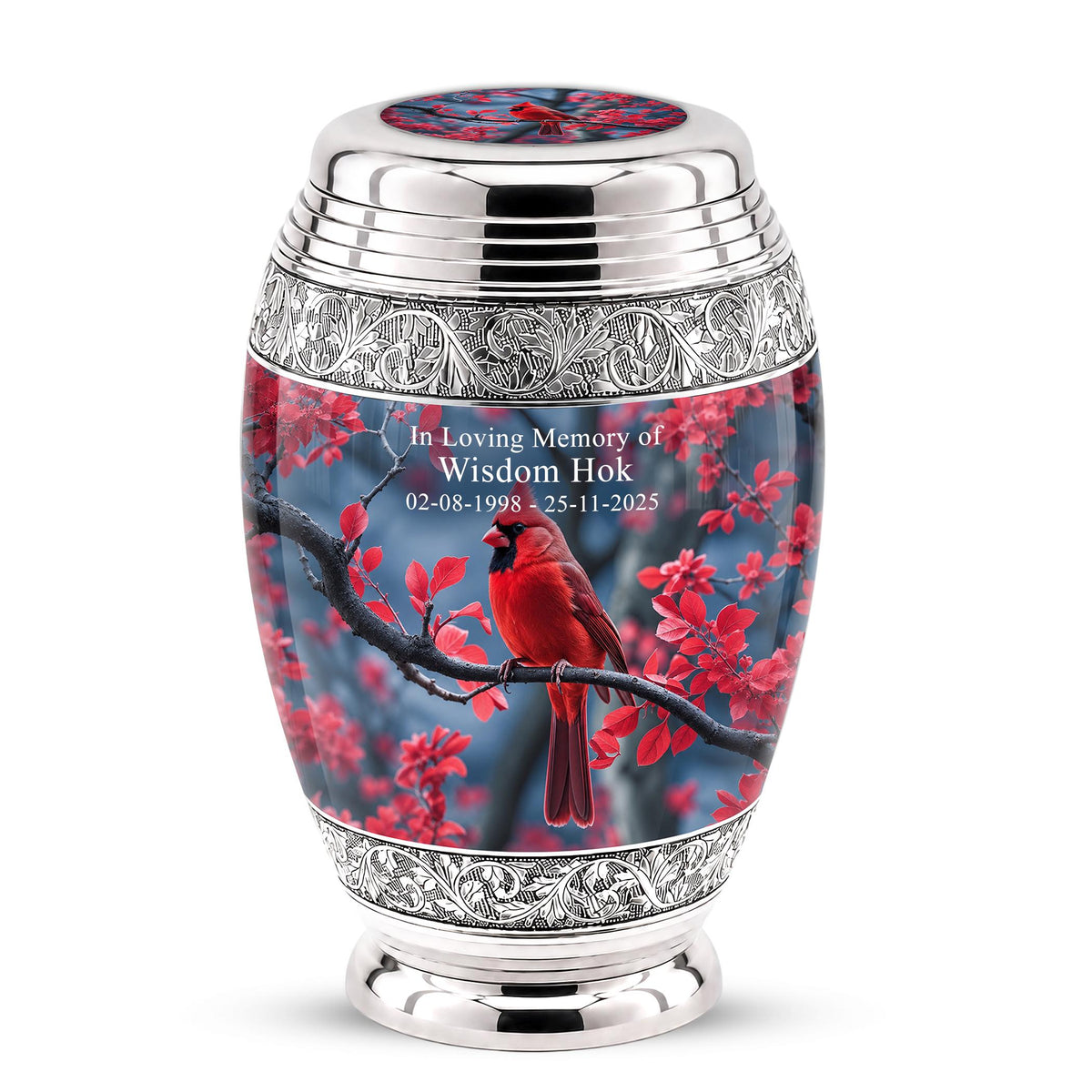 Personalized Red Cardinal Cremation Urn, Silver-Tone Memorial Ashes Container (Custom Engraving)