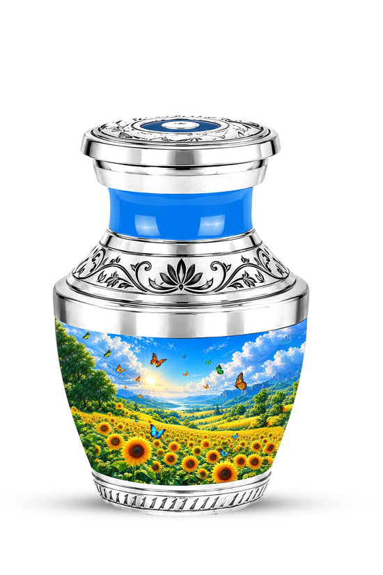 Sunflower Cremation Urn for Ashes - Silver Butterfly Memorial Urn