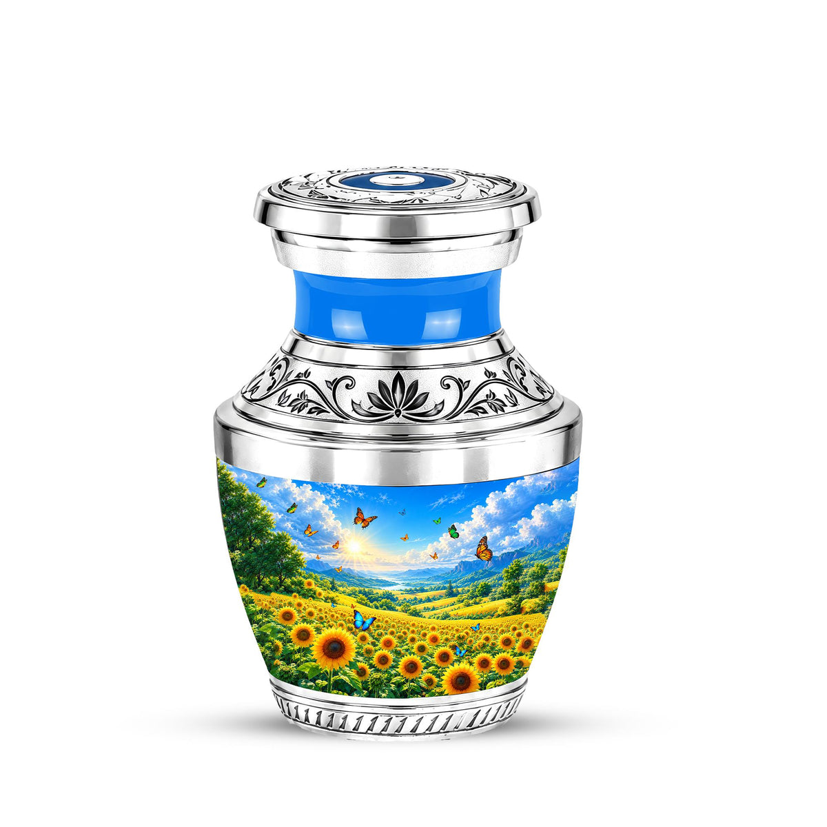 Sunflower Cremation Urn for Ashes - Silver Butterfly Memorial Urn