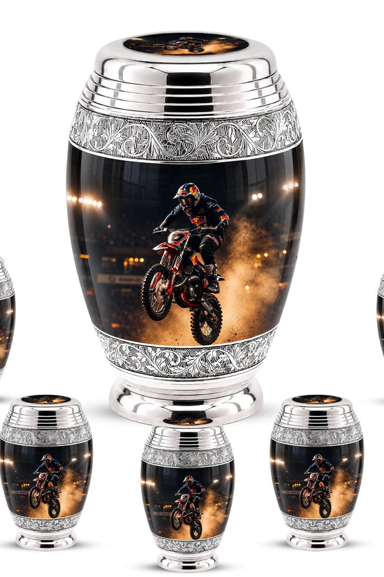 Personalized Motocross Rider Cremation Urn, Glossy Black Finish, Memorial Keepsake