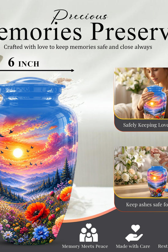 Personalized Wildflower Mountain Sunset Cremation Urn, Nature Memorial Keepsake (200 Cubic)