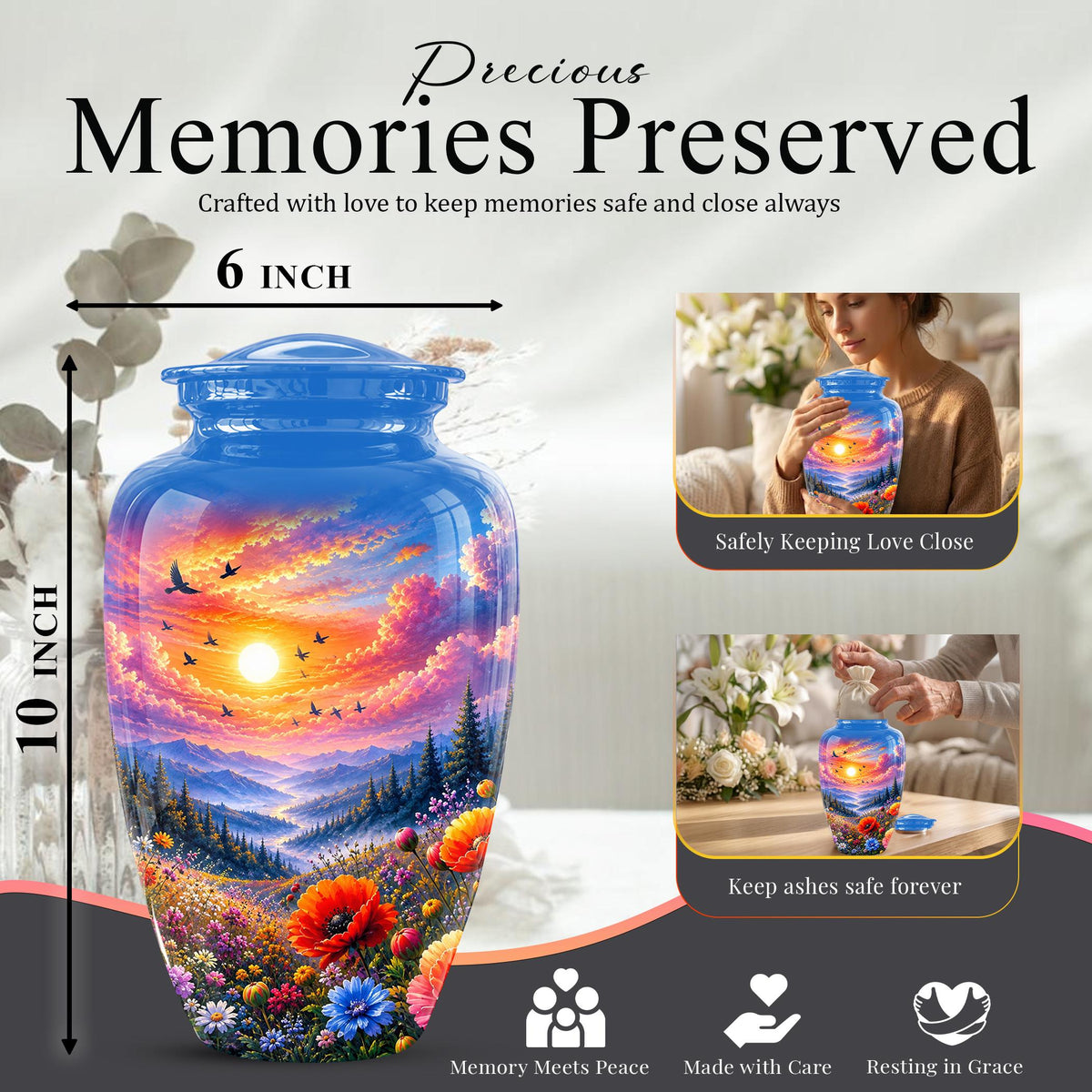 Personalized Wildflower Mountain Sunset Cremation Urn, Nature Memorial Keepsake (200 Cubic)