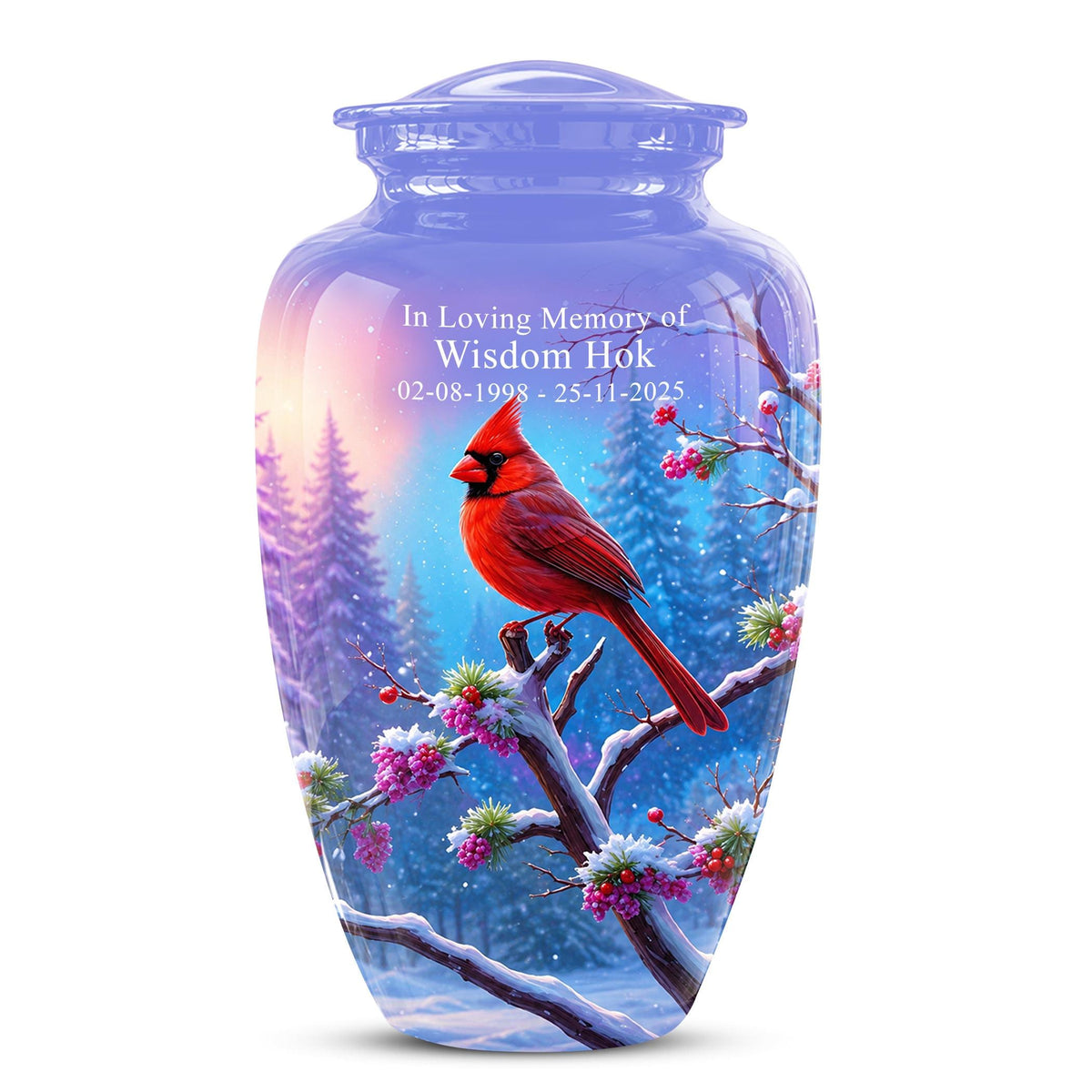 Personalized Red Cardinal Winter Urn for Ashes, Custom Memorial Keepsake