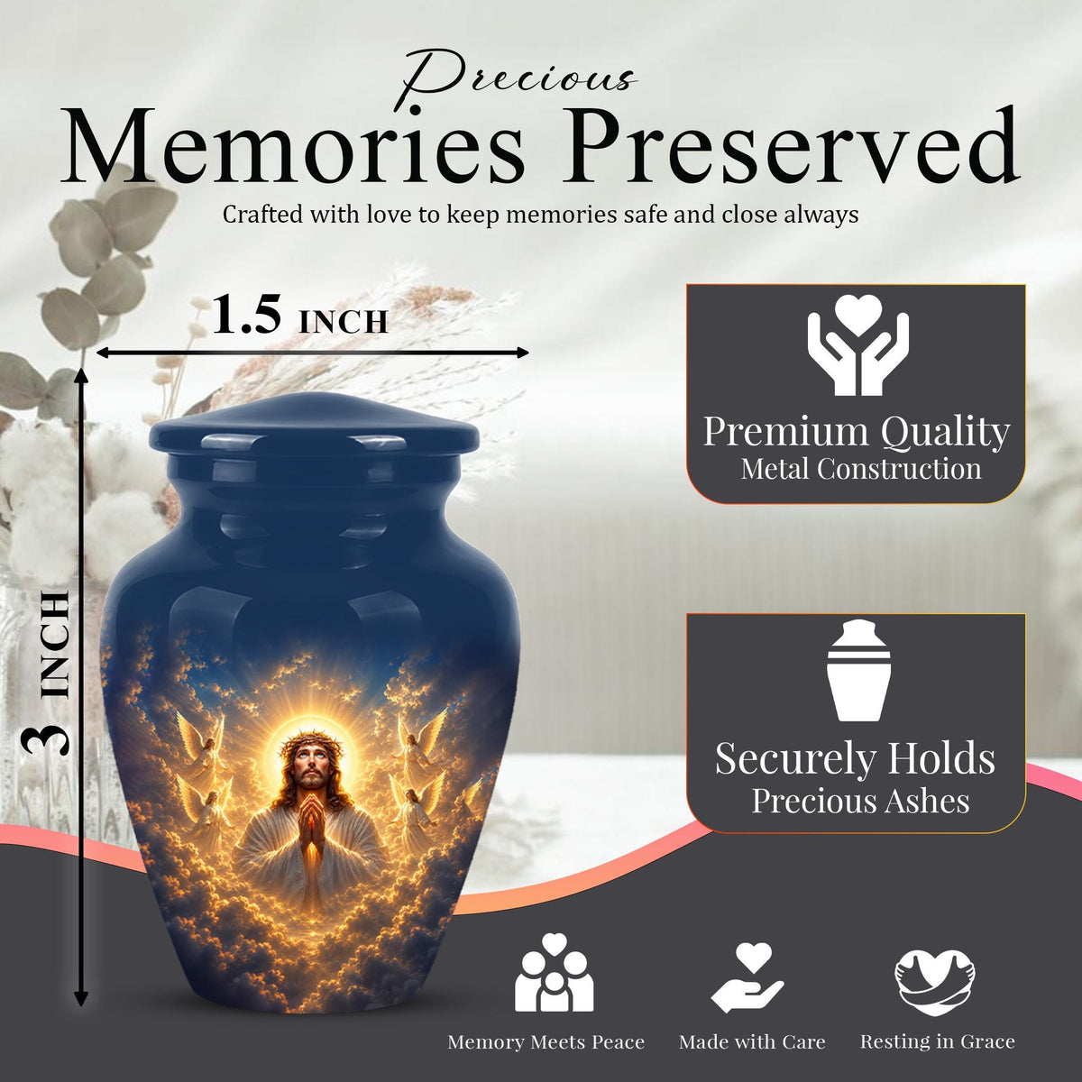 Personalized Jesus Cremation Urn for Ashes, Jesus Christ Prayer Memorial Urn, Golden Halo Christian Tribute, Heavenly Religious Urn (200 Cubic)