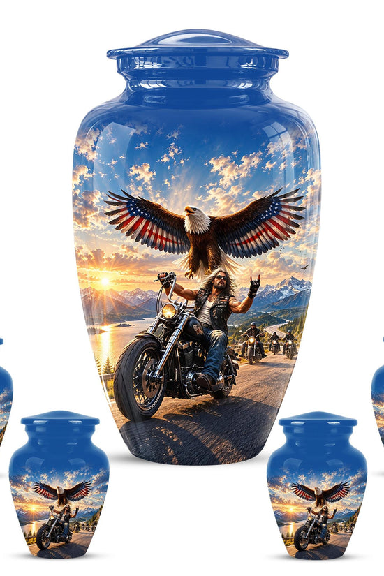 Motorcycle Eagle Cremation Urn for Ashes - Biker Memorial Urn, Blue Sky Sunset Motorcycle Tribute