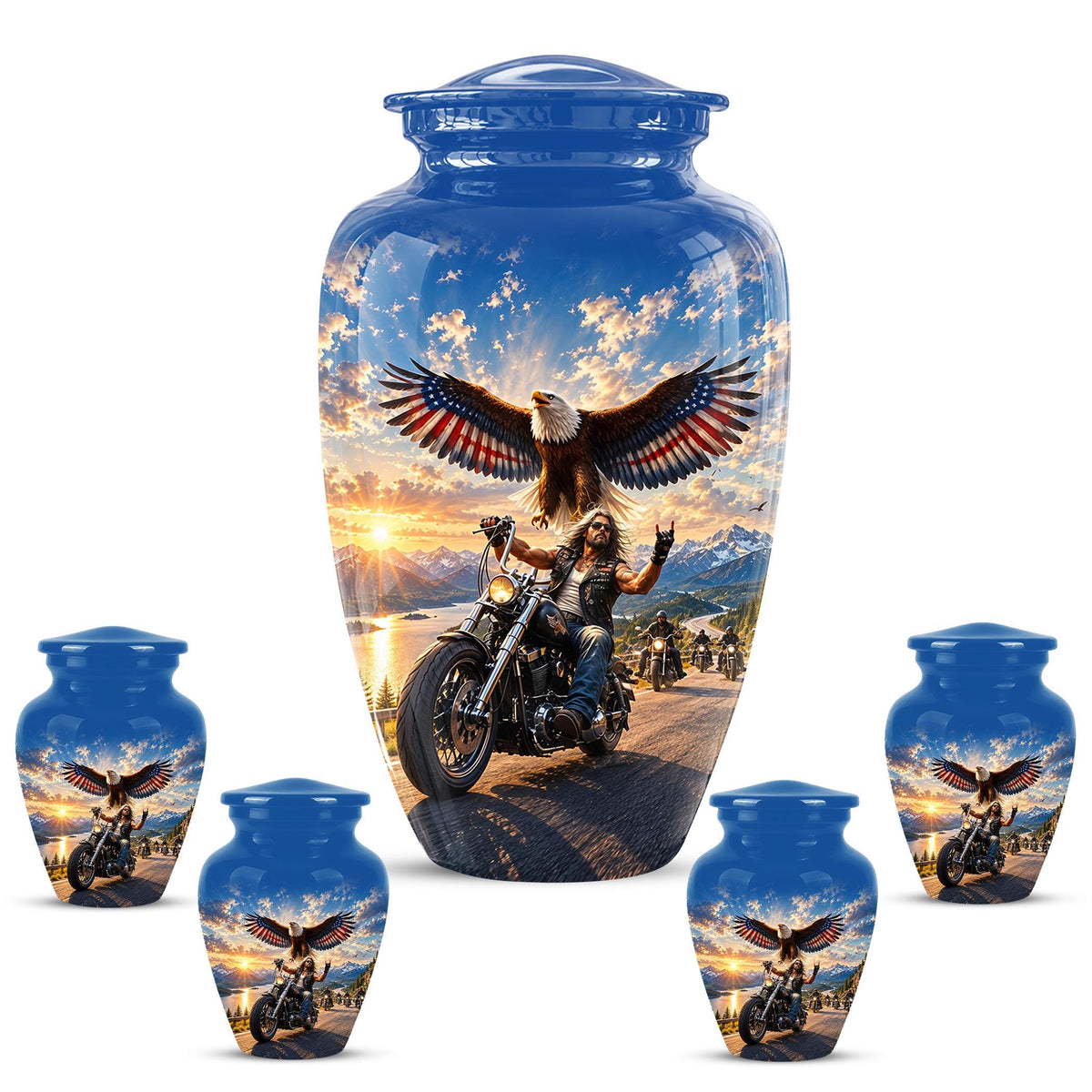 Motorcycle Eagle Cremation Urn for Ashes - Biker Memorial Urn, Blue Sky Sunset Motorcycle Tribute