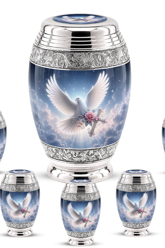 Personalized Christian Cremation Urn - Dove with Wings, Rose, Cross (Silver Tone)