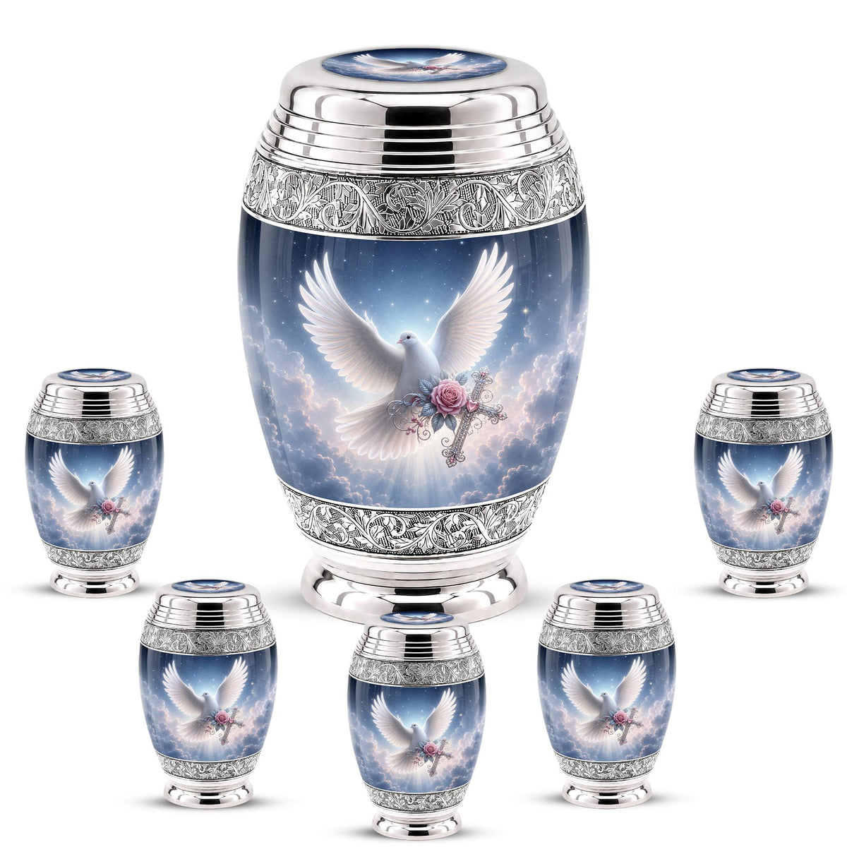 Personalized Christian Cremation Urn - Dove with Wings, Rose, Cross (Silver Tone)