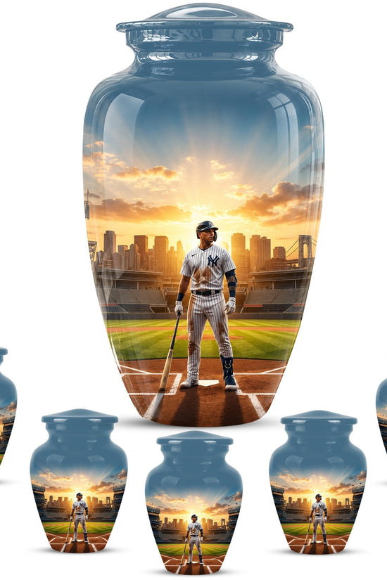 Baseball Player Cremation Urn for Ashes - City Skyline Sunset Memorial Urn