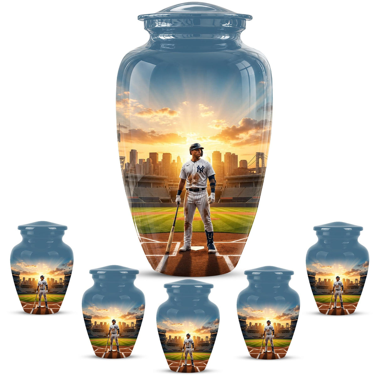 Baseball Player Cremation Urn for Ashes - City Skyline Sunset Memorial Urn