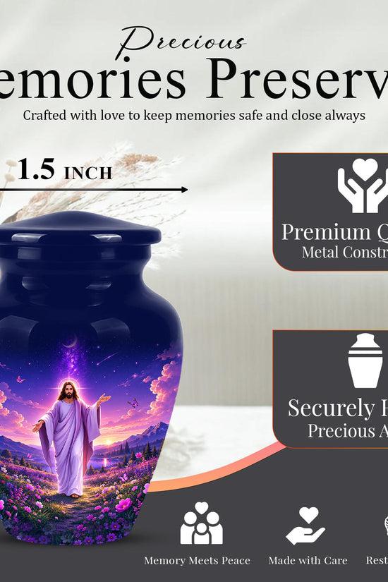 Personalized Jesus Cremation Urn for Ashes, Jesus Christ Purple Floral Memorial Urn, Christian Sunset Tribute, Heavenly Religious Urn (200 Cubic)