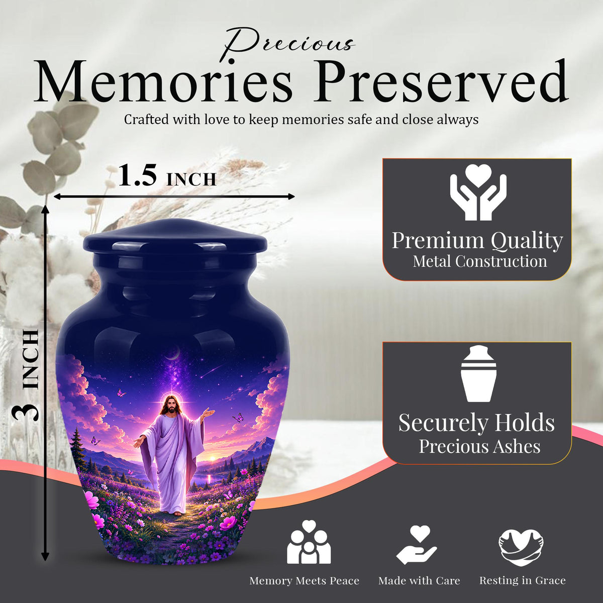 Personalized Jesus Cremation Urn for Ashes, Jesus Christ Purple Floral Memorial Urn, Christian Sunset Tribute, Heavenly Religious Urn (200 Cubic)