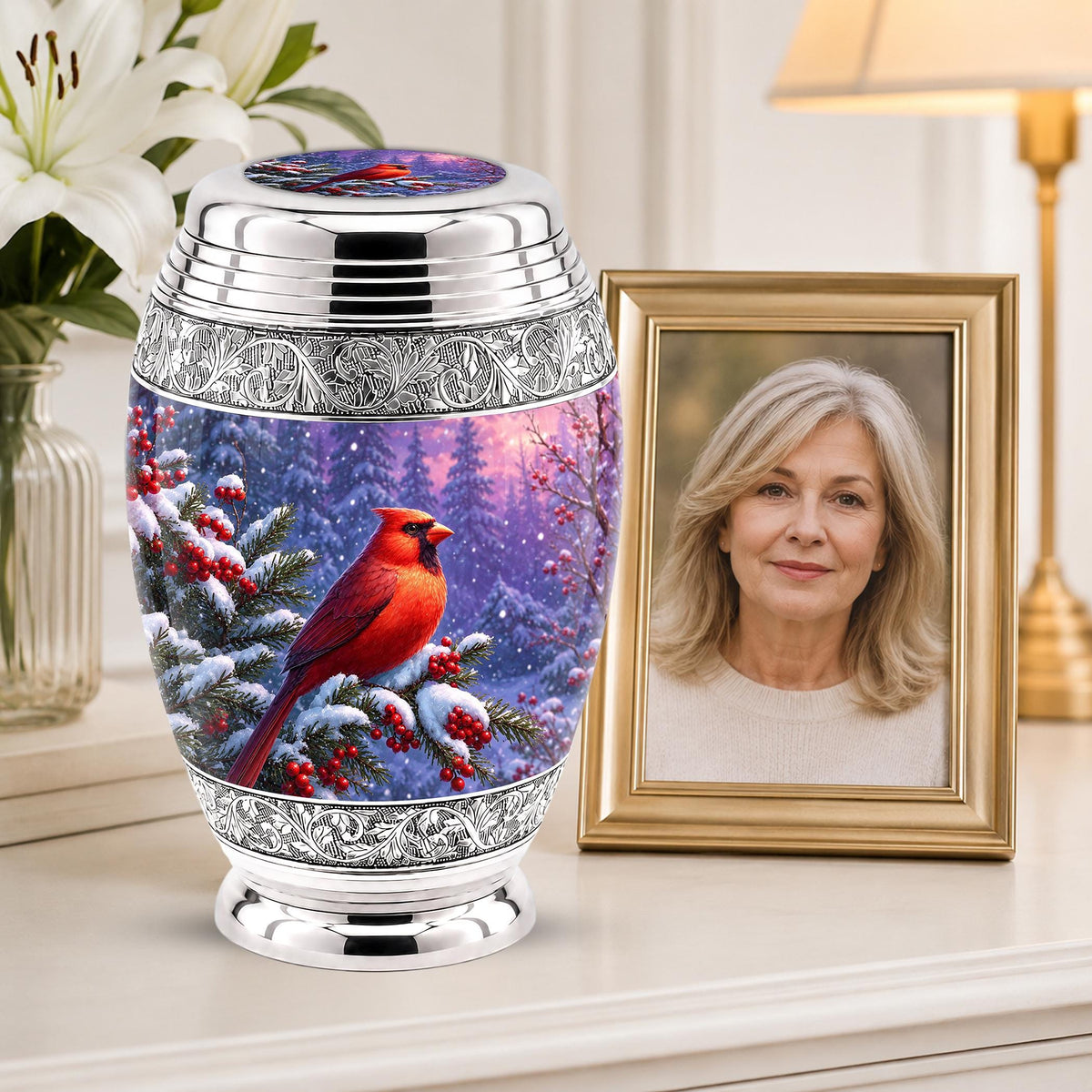 Personalized Cardinal Cremation Urn, Winter Forest Ashes Memorial (200 Cubic)