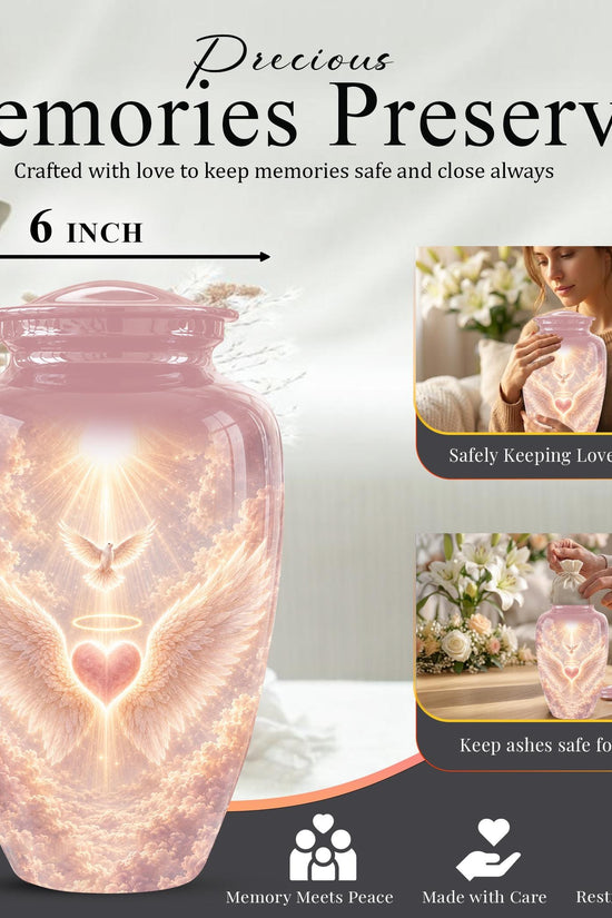 Personalized Angel Wings Cremation Urn for Ashes - Pink Heart Memorial Urn, Heavenly Dove Tribute