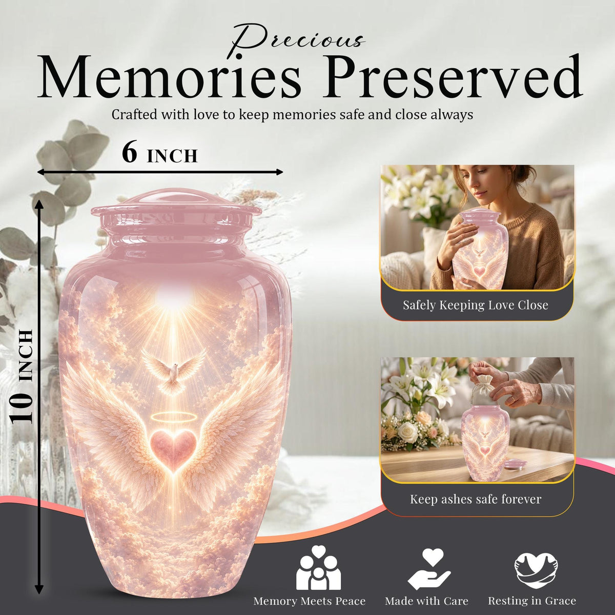 Personalized Angel Wings Cremation Urn for Ashes - Pink Heart Memorial Urn, Heavenly Dove Tribute