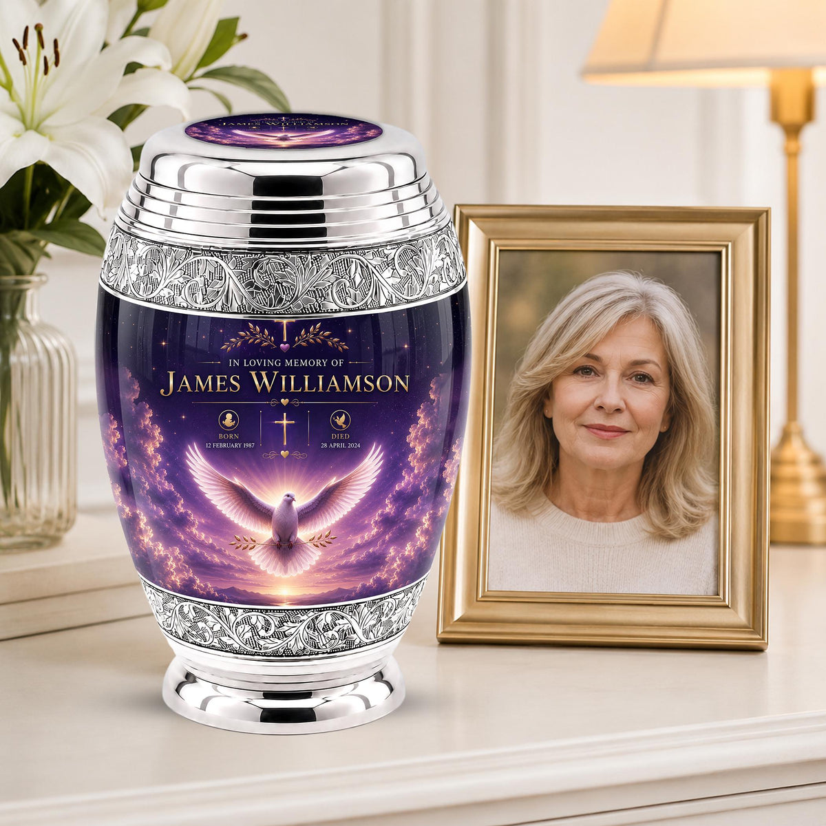 Personalized Dove Cremation Urn for Ashes - Purple Sunset Memorial Urn, Silver Ornate Funeral Urn,