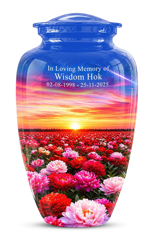 Personalized Floral Sunset Cremation Urn, Metal Memorial Keepsake