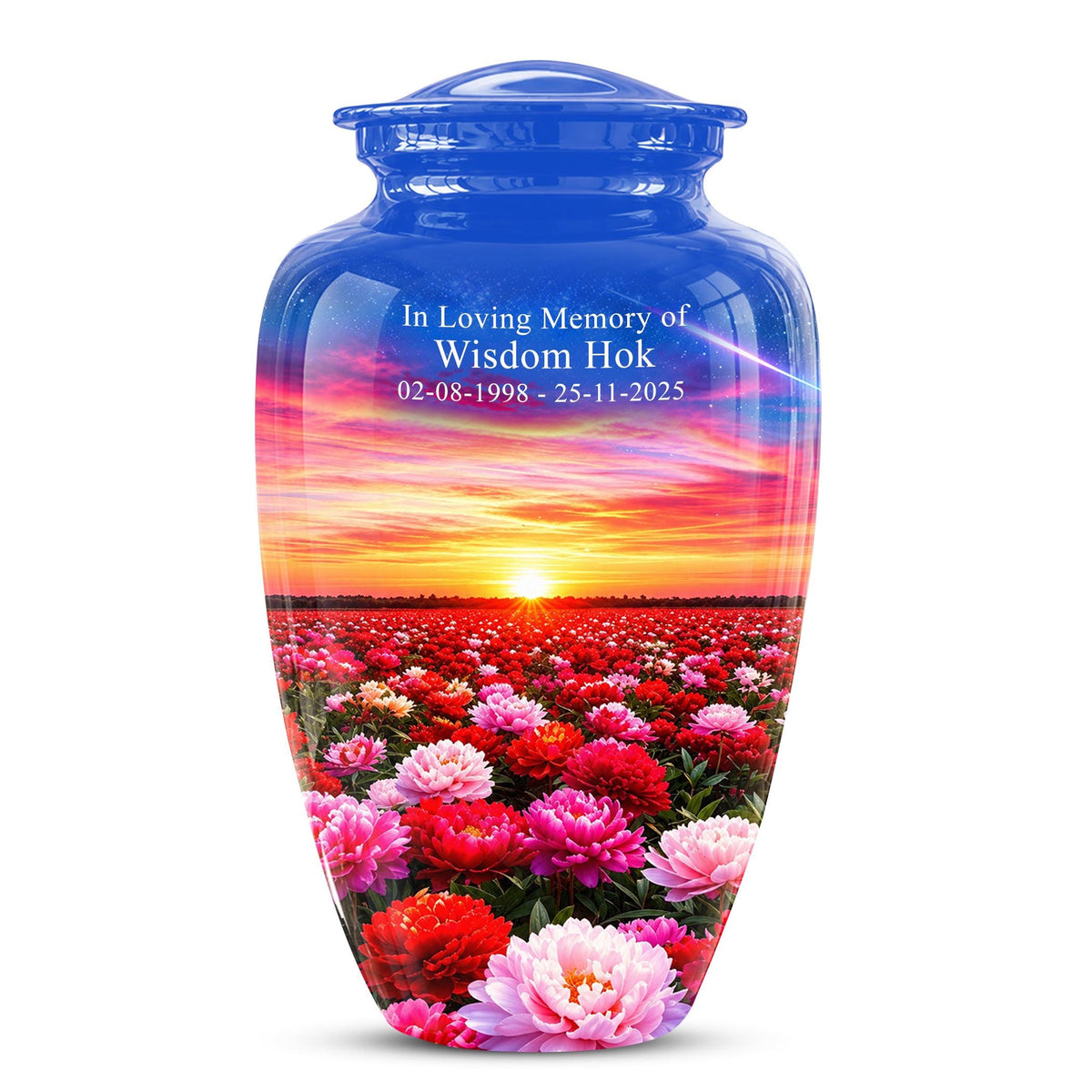 Personalized Floral Sunset Cremation Urn, Metal Memorial Keepsake