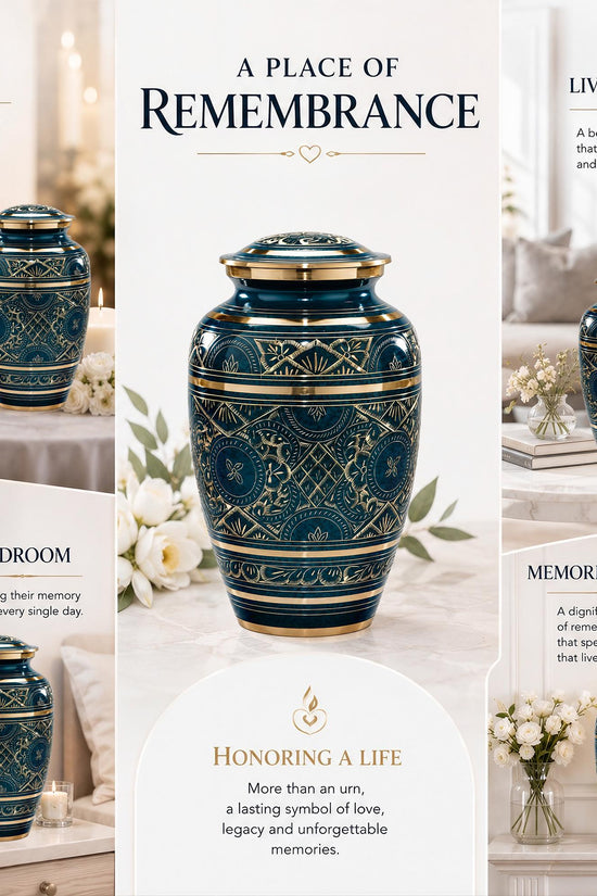 Teal and Gold Brass Cremation Urn for Ashes - Dark Green Ornamental Memorial Urn