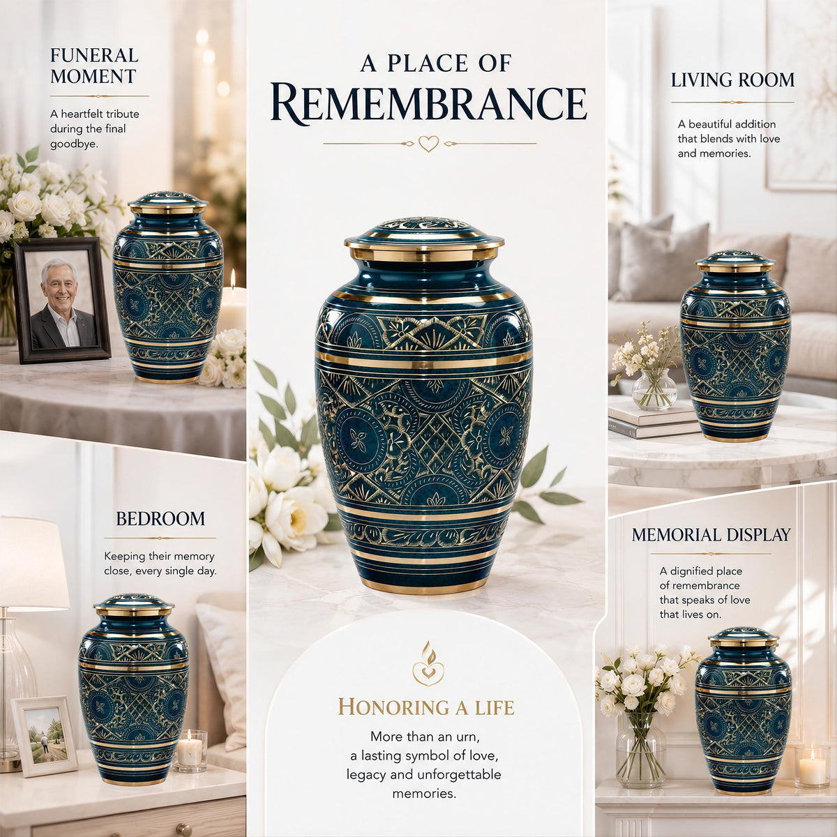 Teal and Gold Brass Cremation Urn for Ashes - Dark Green Ornamental Memorial Urn