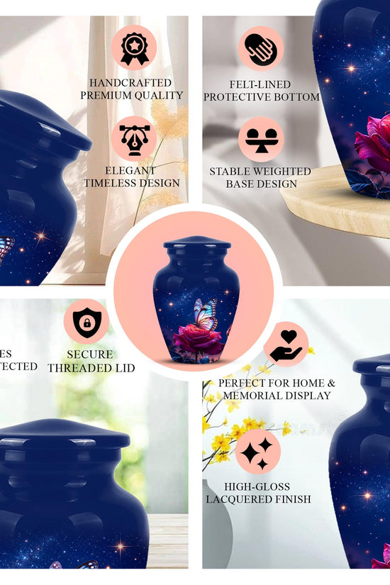 Butterfly and Rose Cremation Urn for Ashes - Pink Floral Memorial Urn