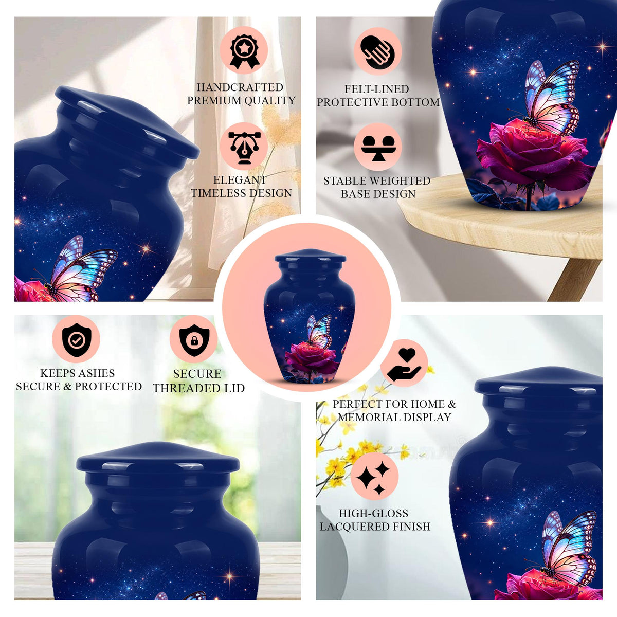 Butterfly and Rose Cremation Urn for Ashes - Pink Floral Memorial Urn