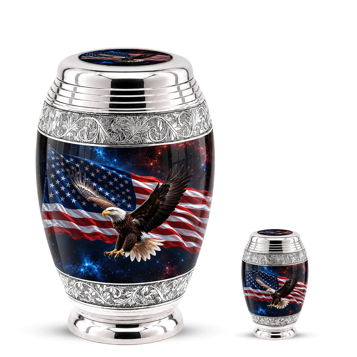 American Flag Eagle Cremation Urn for Ashes - Silver Patriotic Bald Eagle Memorial Urn