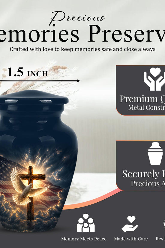 Christian Cremation Urn, American Flag - Cross Dove Memorial, Religious Keepsake
