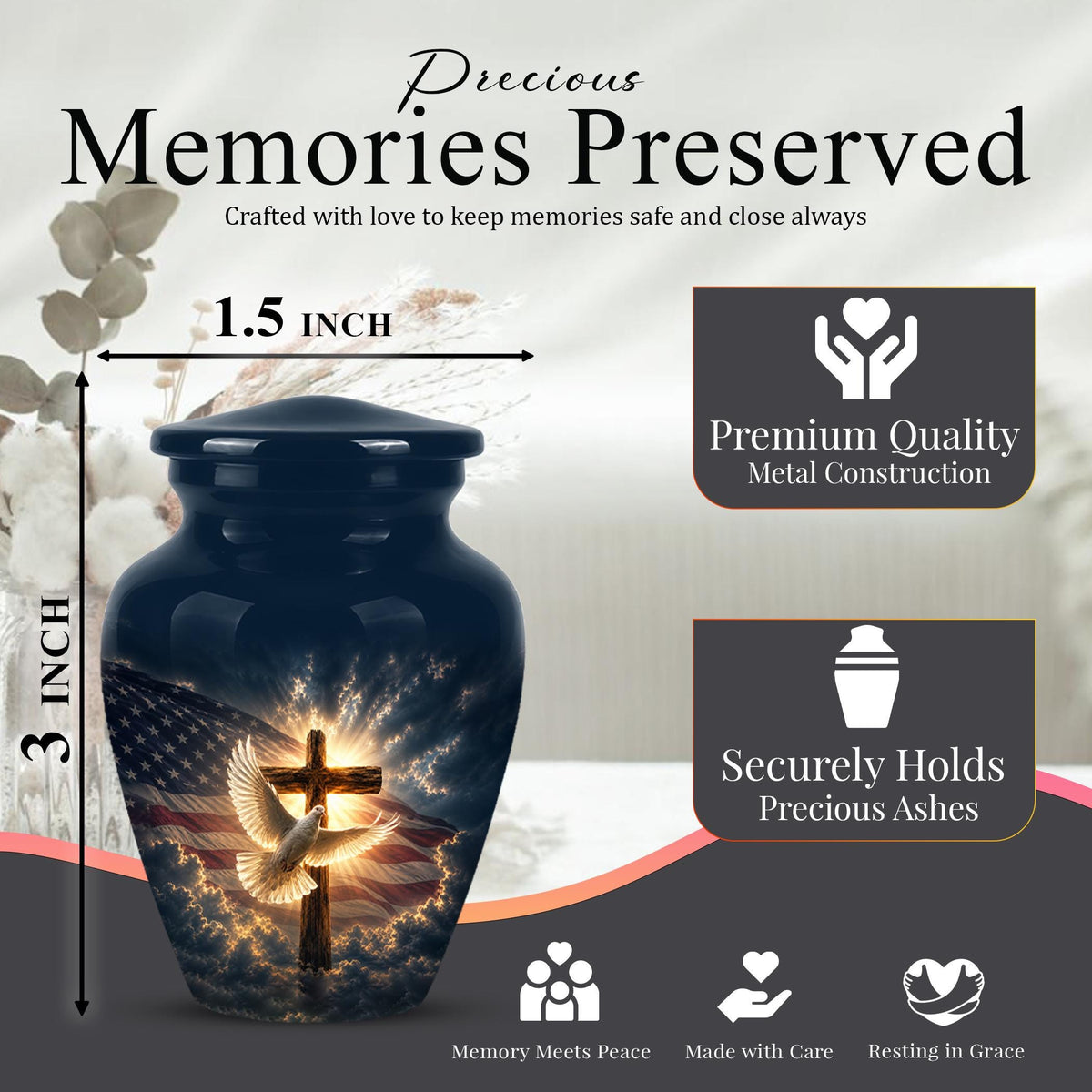 Christian Cremation Urn, American Flag - Cross Dove Memorial, Religious Keepsake