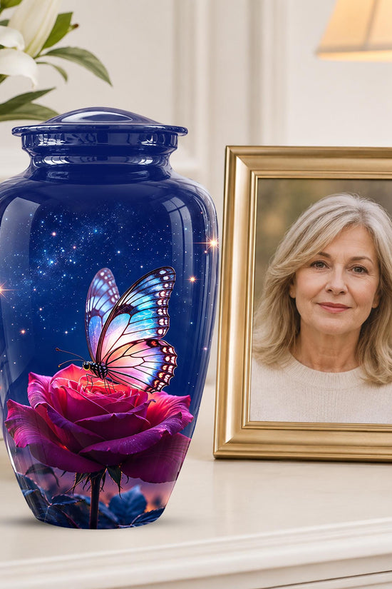 Butterfly and Rose Cremation Urn for Ashes - Pink Floral Memorial Urn