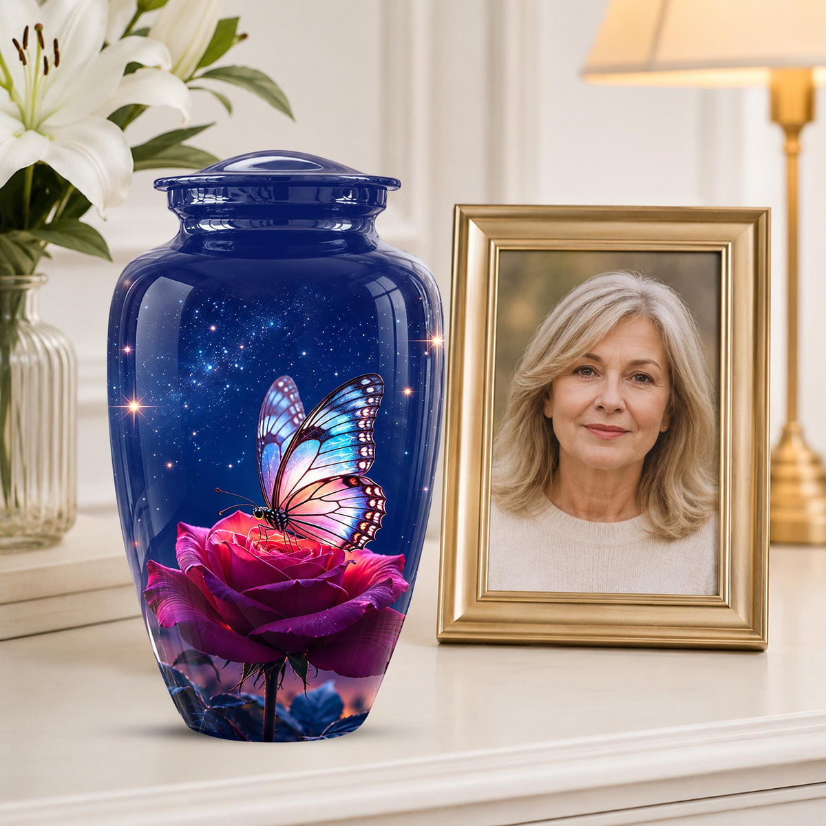 Butterfly and Rose Cremation Urn for Ashes - Pink Floral Memorial Urn