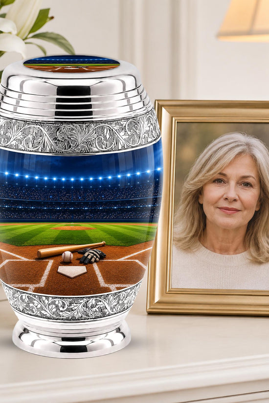 Baseball Cremation Urn for Ashes - Silver Baseball Glove and Bat Memorial Urn