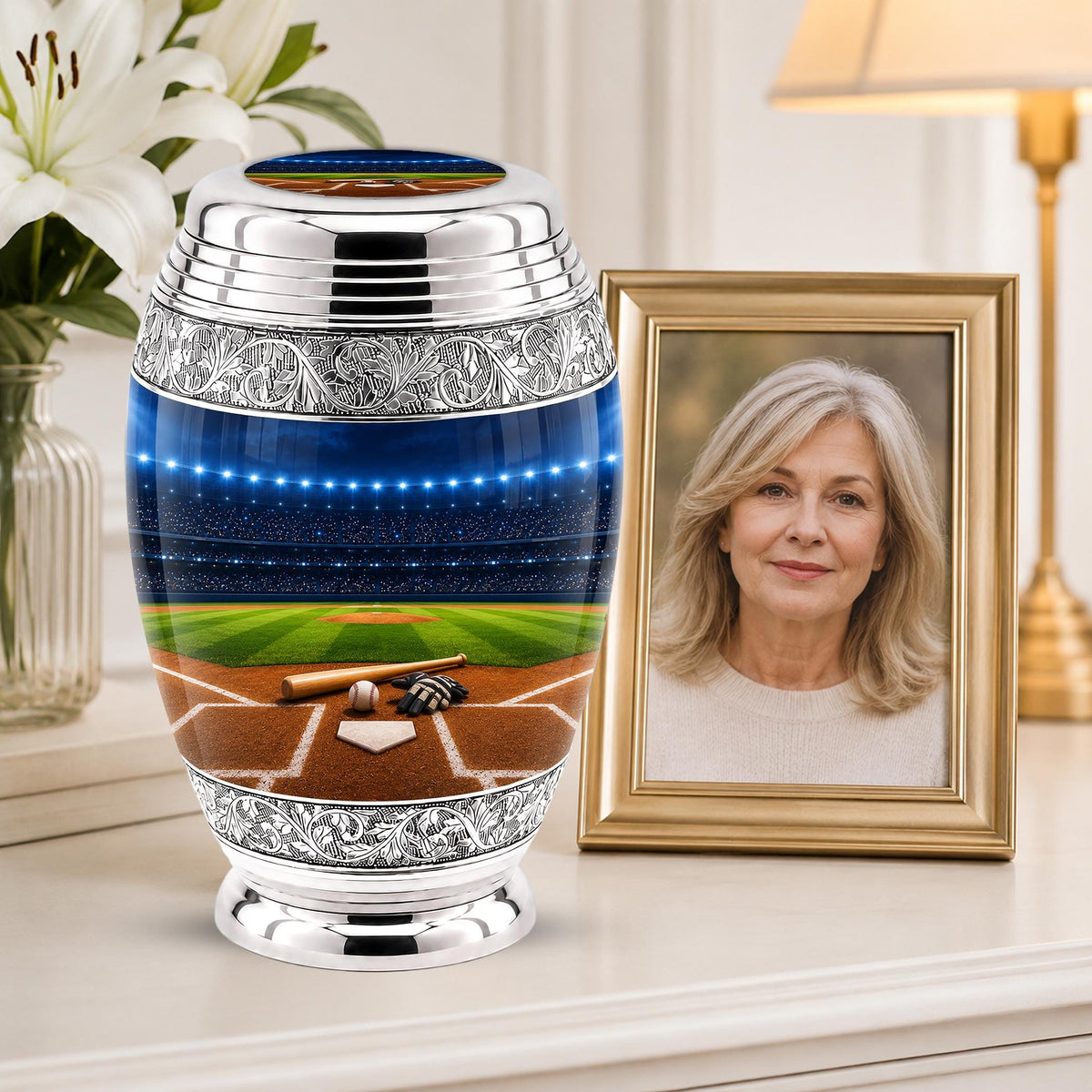 Baseball Cremation Urn for Ashes - Silver Baseball Glove and Bat Memorial Urn