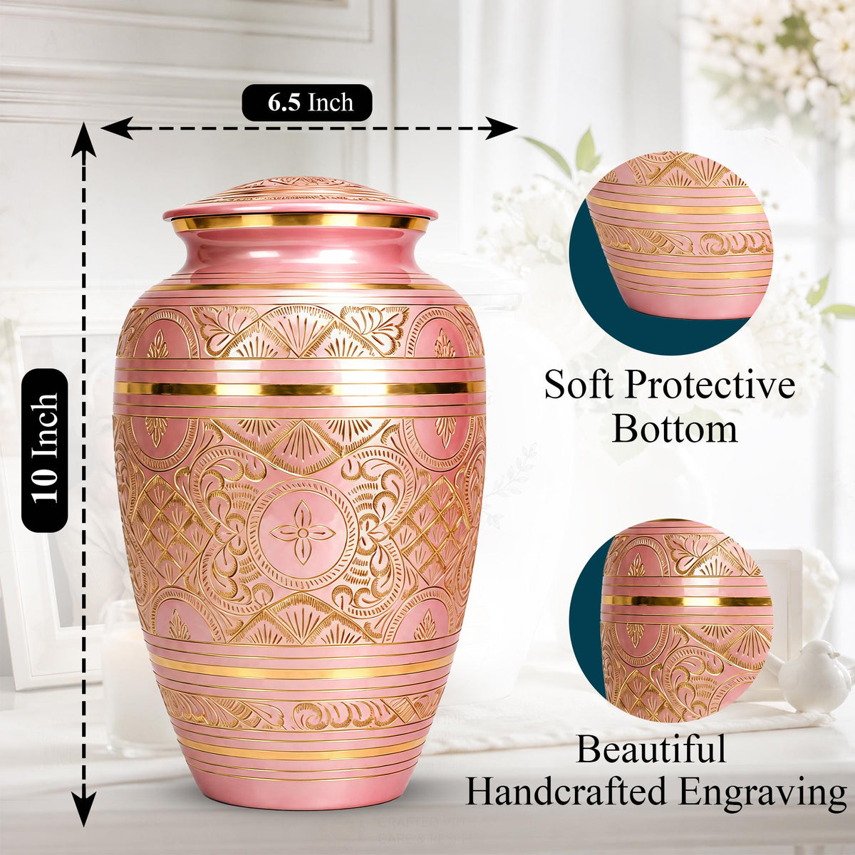 Pink and Gold Brass Cremation Urn for Ashes - Rose Gold Ornamental Memorial Urn