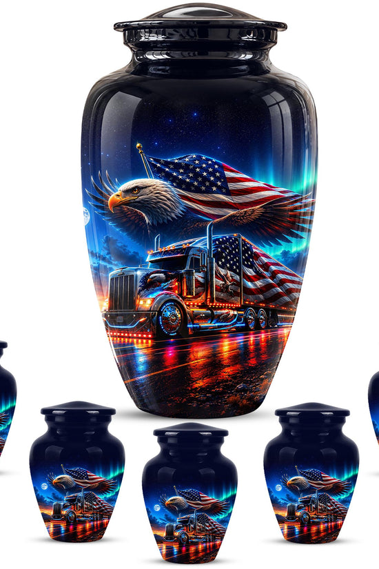 American Flag Truck Cremation Urn for Ashes - Bald Eagle and Semi Truck Memorial Urn