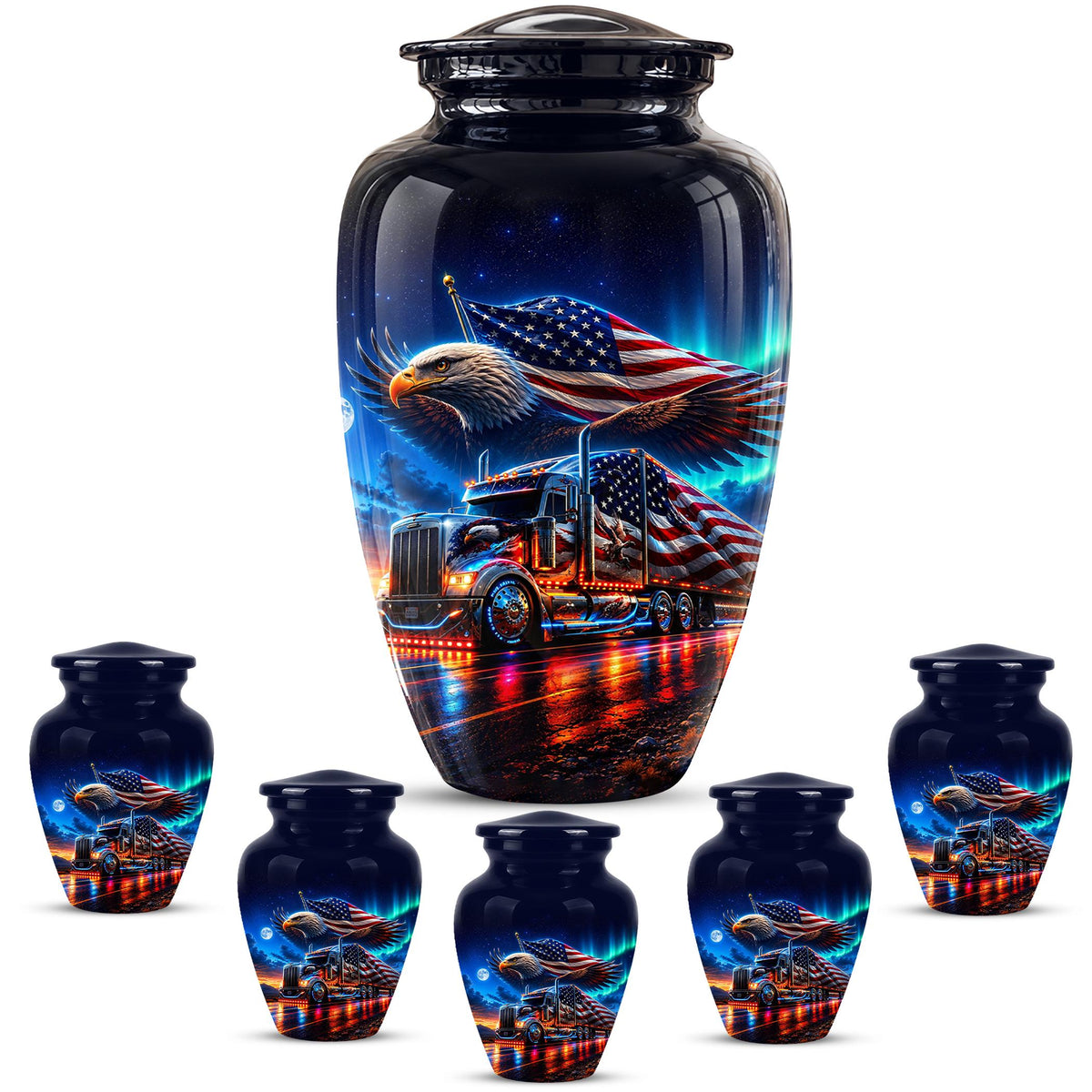 American Flag Truck Cremation Urn for Ashes - Bald Eagle and Semi Truck Memorial Urn