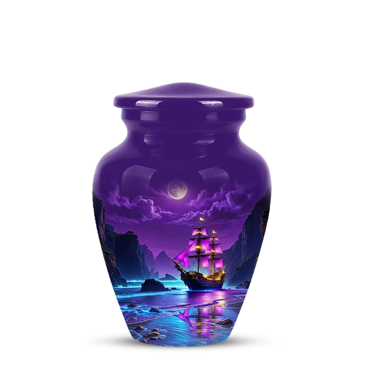 Personalized Pirate Ship Urn, Moonlit Ocean Cremation Memorial Keepsake