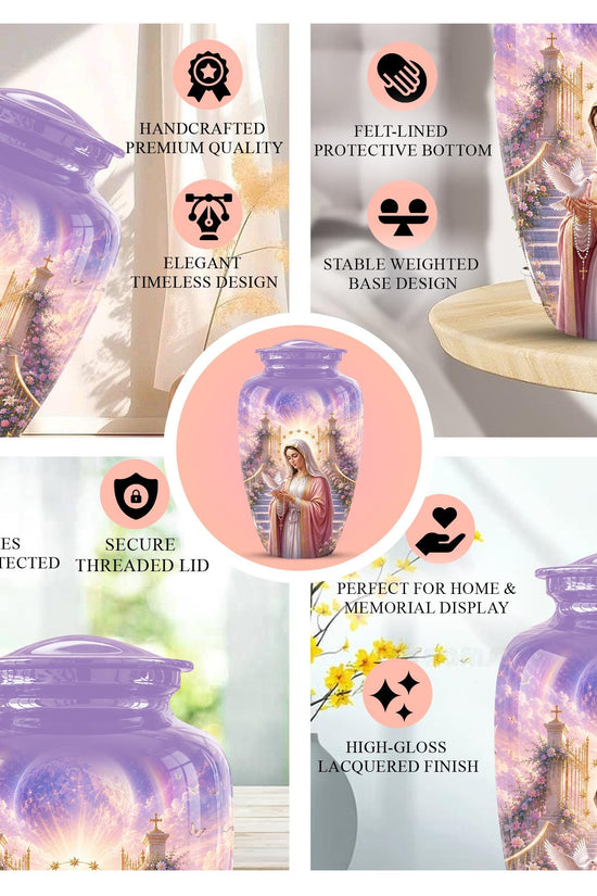 Personalized Virgin Mary Cremation Urn for Ashes - Our Lady of Grace Memorial Urn, Catholic Rosary Tribute