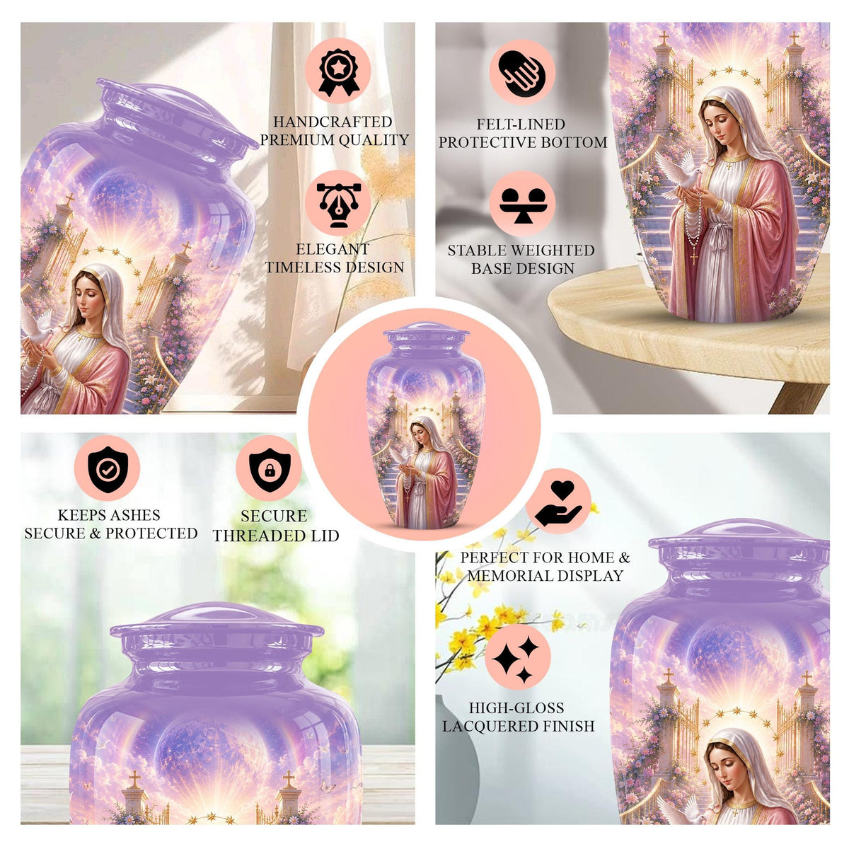 Personalized Virgin Mary Cremation Urn for Ashes - Our Lady of Grace Memorial Urn, Catholic Rosary Tribute