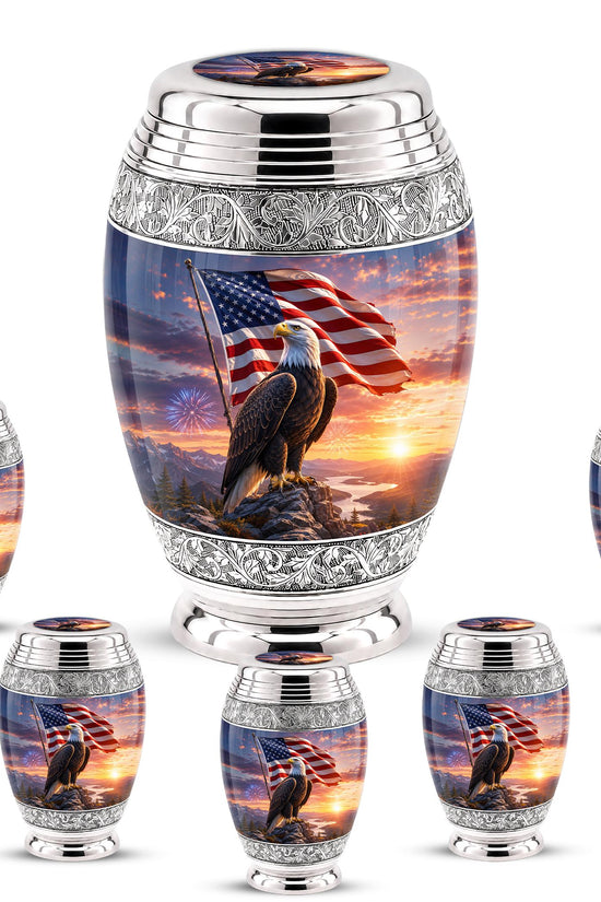American Flag Eagle Cremation Urn for Ashes - Silver Patriotic Bald Eagle Memorial Urn