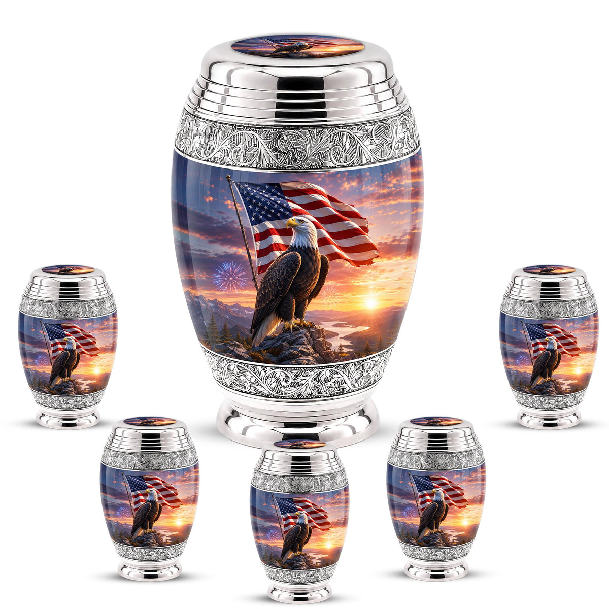 American Flag Eagle Cremation Urn for Ashes - Silver Patriotic Bald Eagle Memorial Urn
