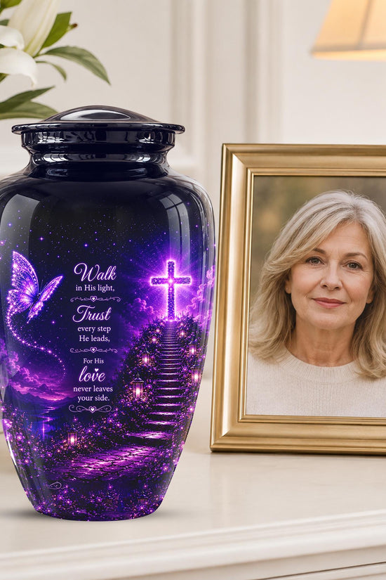 Purple Butterfly Cremation Urn for Ashes - Christian Memorial Urn with Glowing Cross