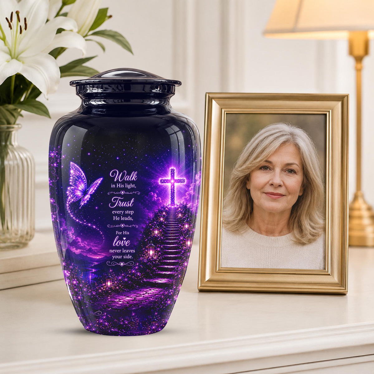 Purple Butterfly Cremation Urn for Ashes - Christian Memorial Urn with Glowing Cross